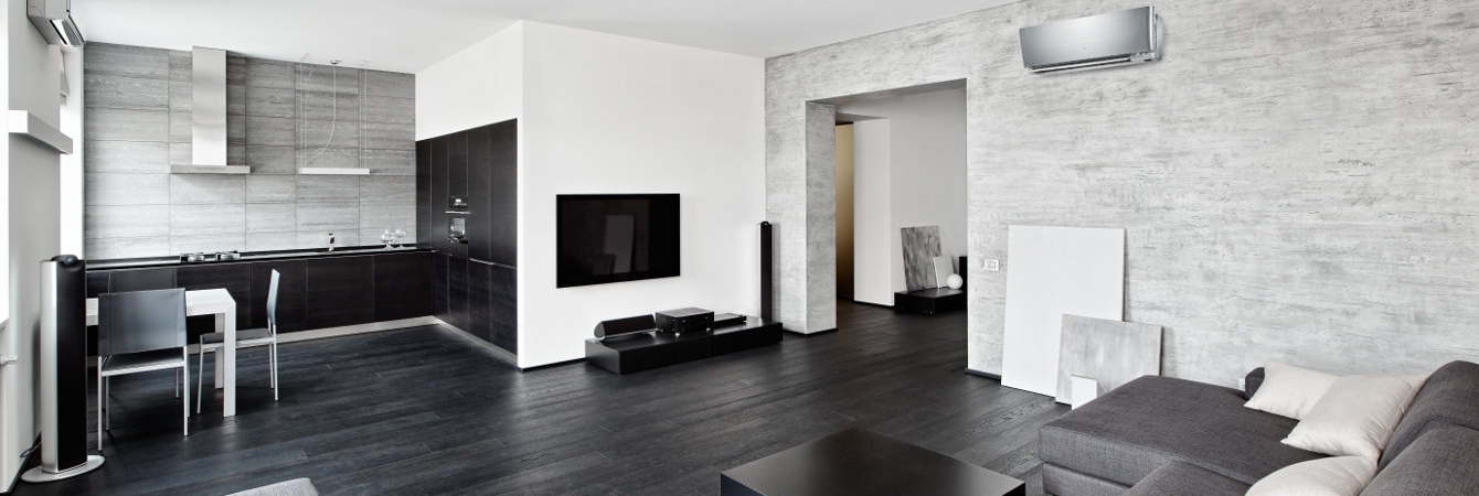 Modern minimalism style drawing-room interior in black and white tones